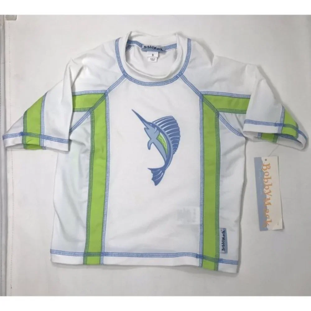 Bobby Mack Boys White, Blue, Green Short-Sleeve Rashguard Marlin Fish Print